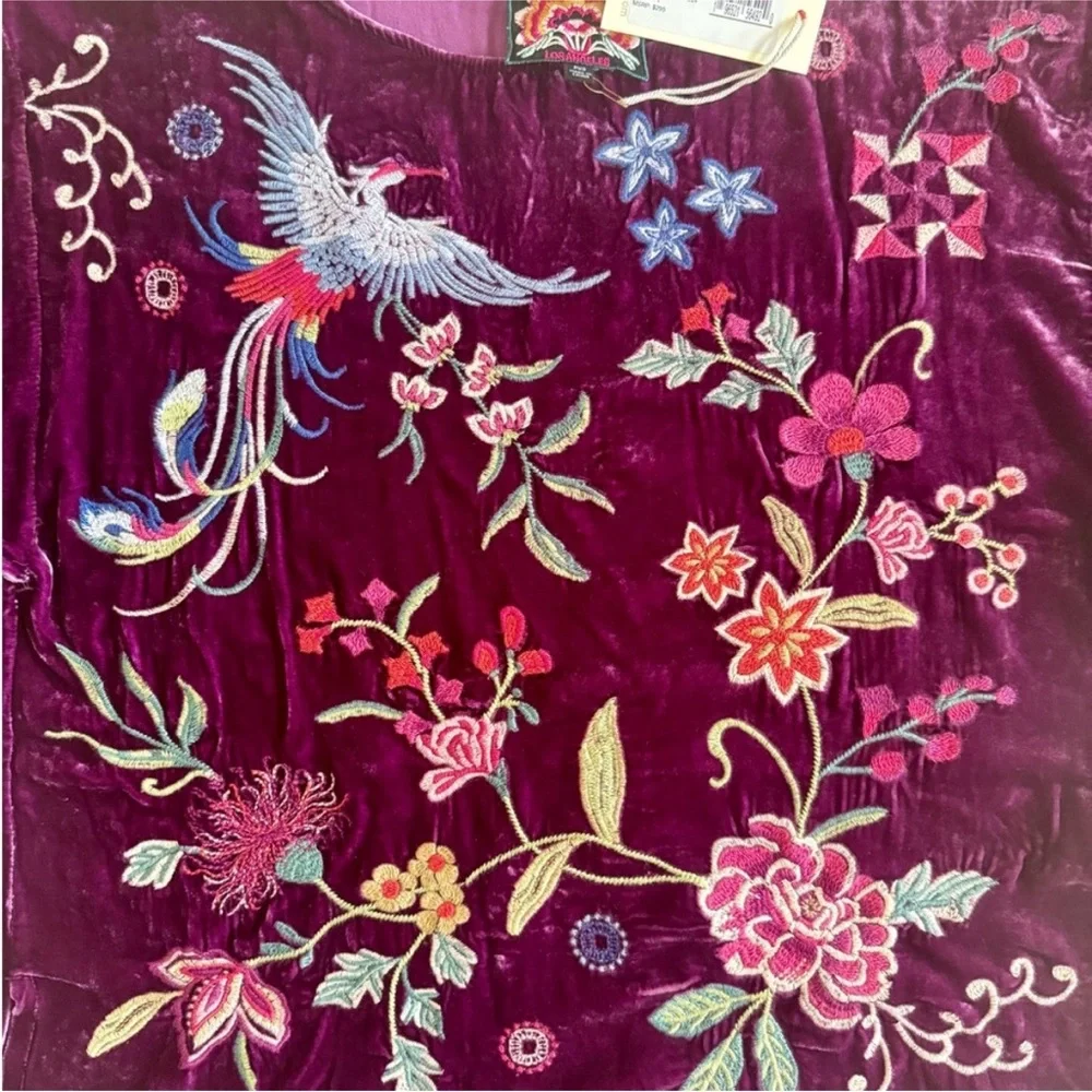 Johnny Was Nikkola heavily embroidered Purple Velvet Boatneck Blouse NWT